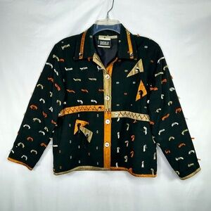 Yak Magik Jacket Black Cotton Copper Beige Silk Trim Boho Art To Wear Nepal Sz S